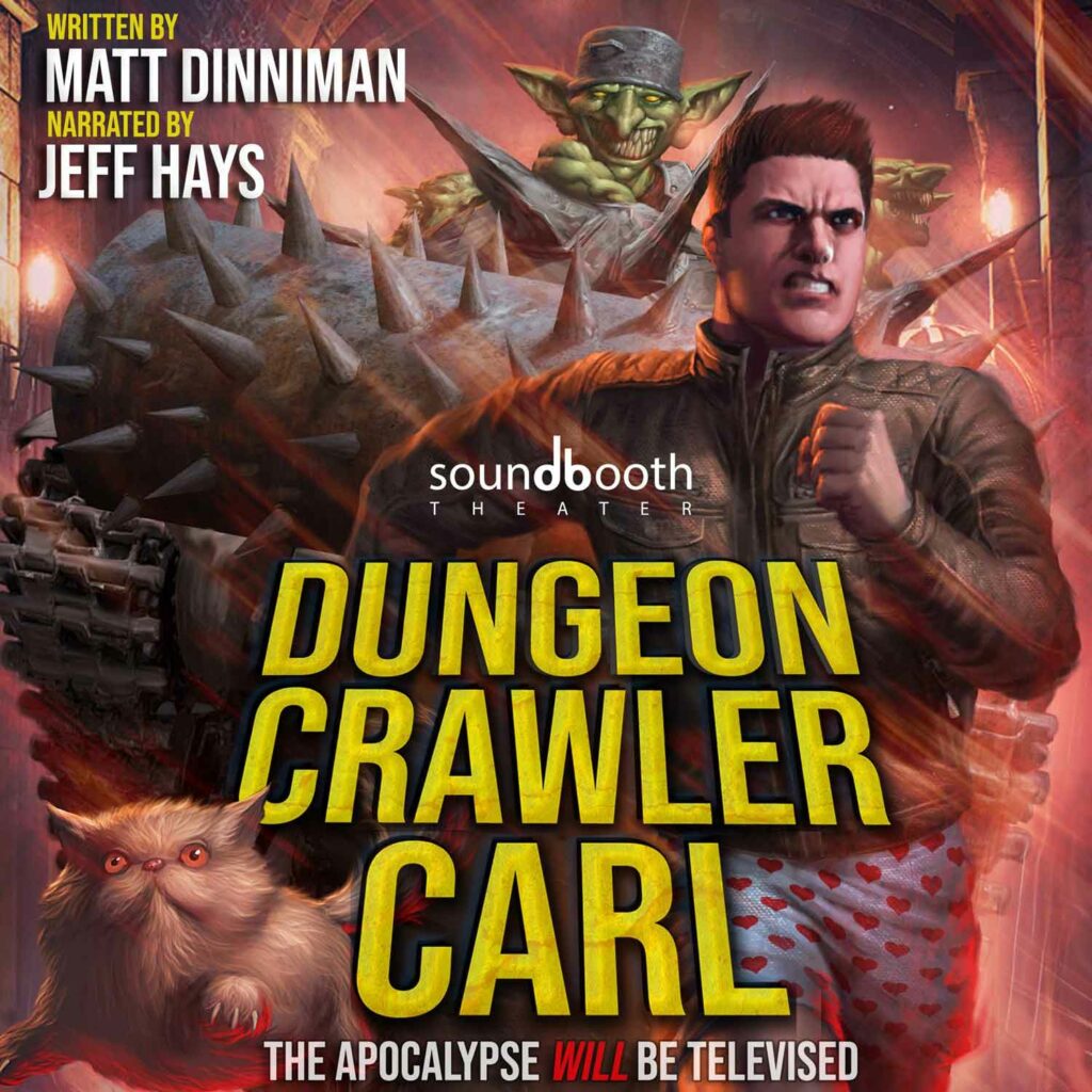 The cover of Dungeon Crawler Carl shows a man in a leather jacket and boxer shorts and a Persian cat running away from a goblin driving a bulldozer at them