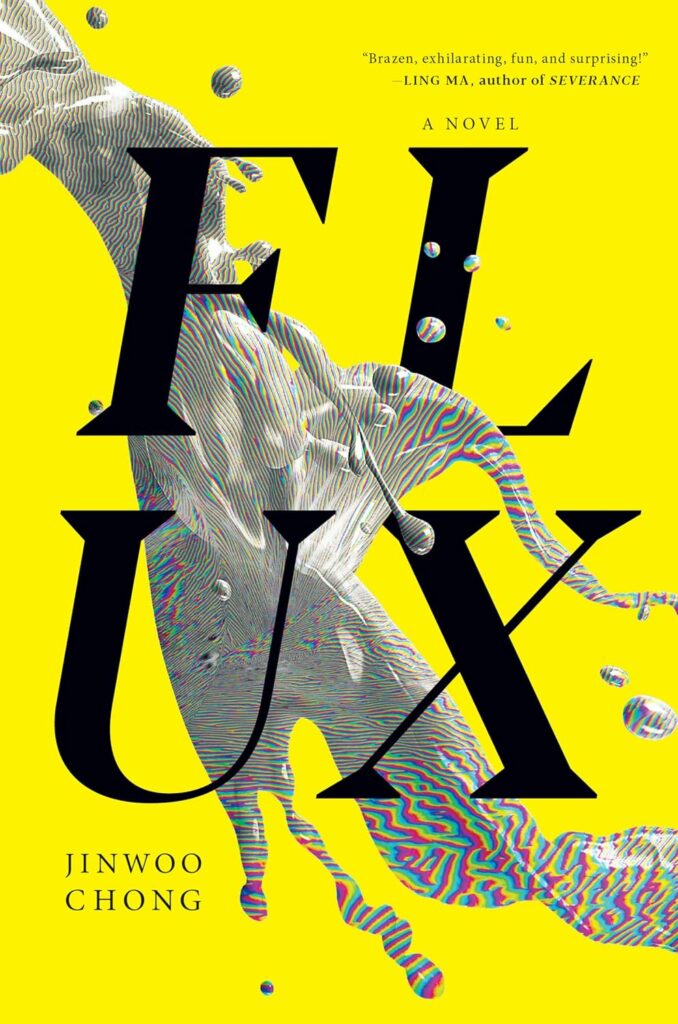 The cover of Flux by Jinwoo Chong is yellow with a splash that looks like old TV static across the cover