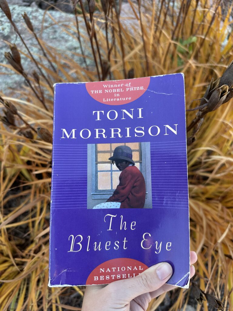 The cover of The Bluest Eye by Toni Morrison shows a young black girl hunched at a window