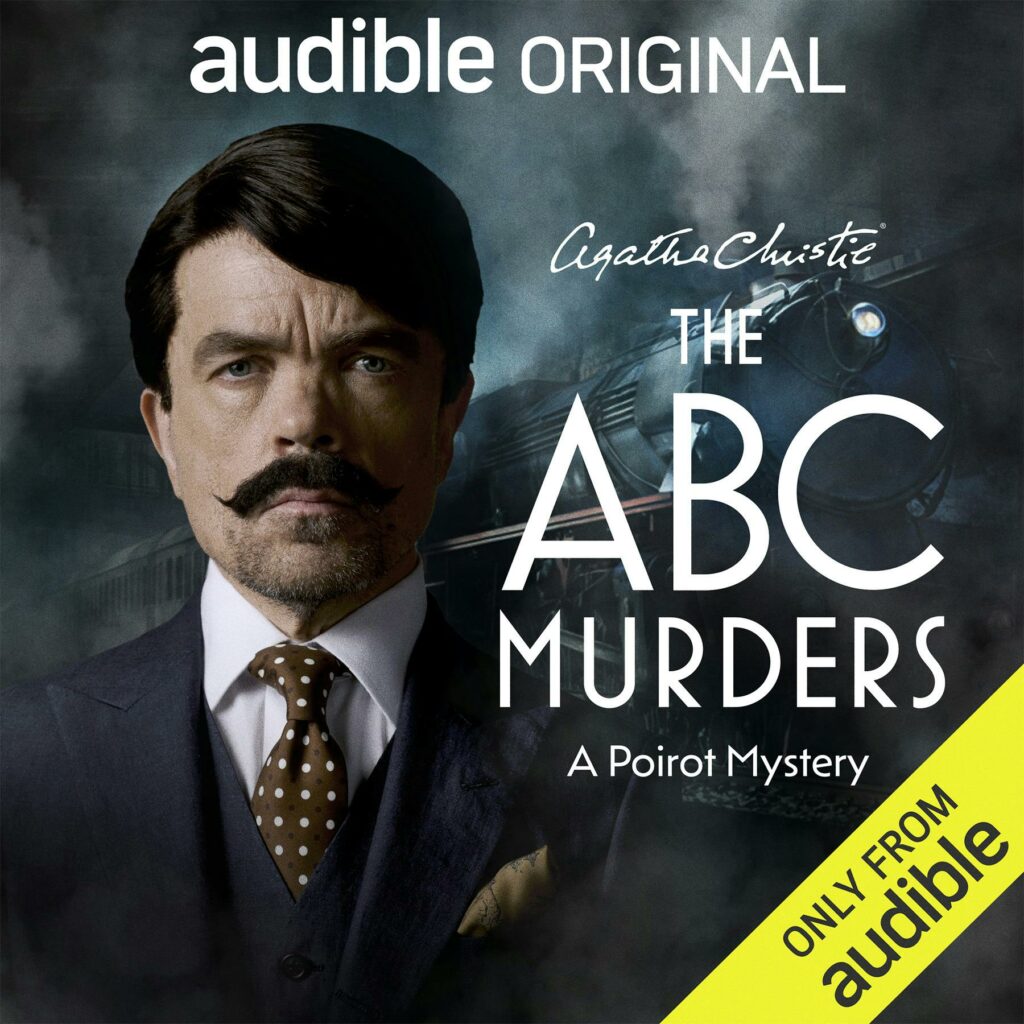 The cover of The ABC Murders by Agatha Christie shows a mustachioed Peter Dinklage as Poirot standing before a shadowy train