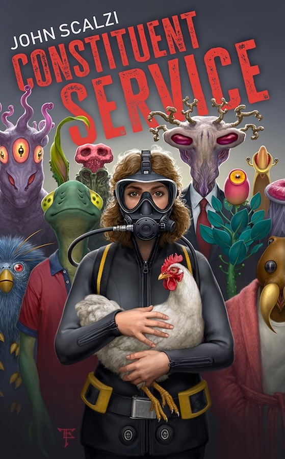 The cover of Constituent Service by John Scalzi shows a human in a scuba suit holding a chicken, in front of a variety of extra terrestrials 