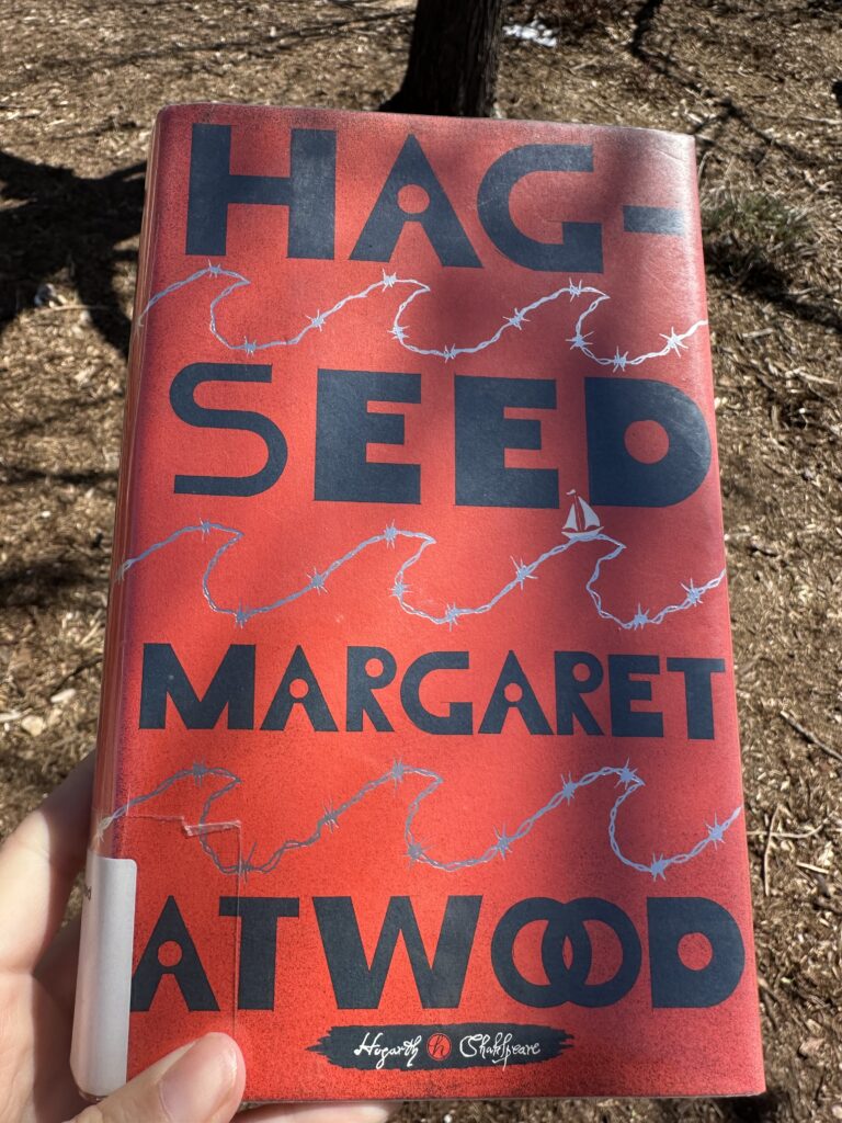 The cover of Hag-Seed by Margaret Atwood shows a ship sailing on a sea of barbed wire waves