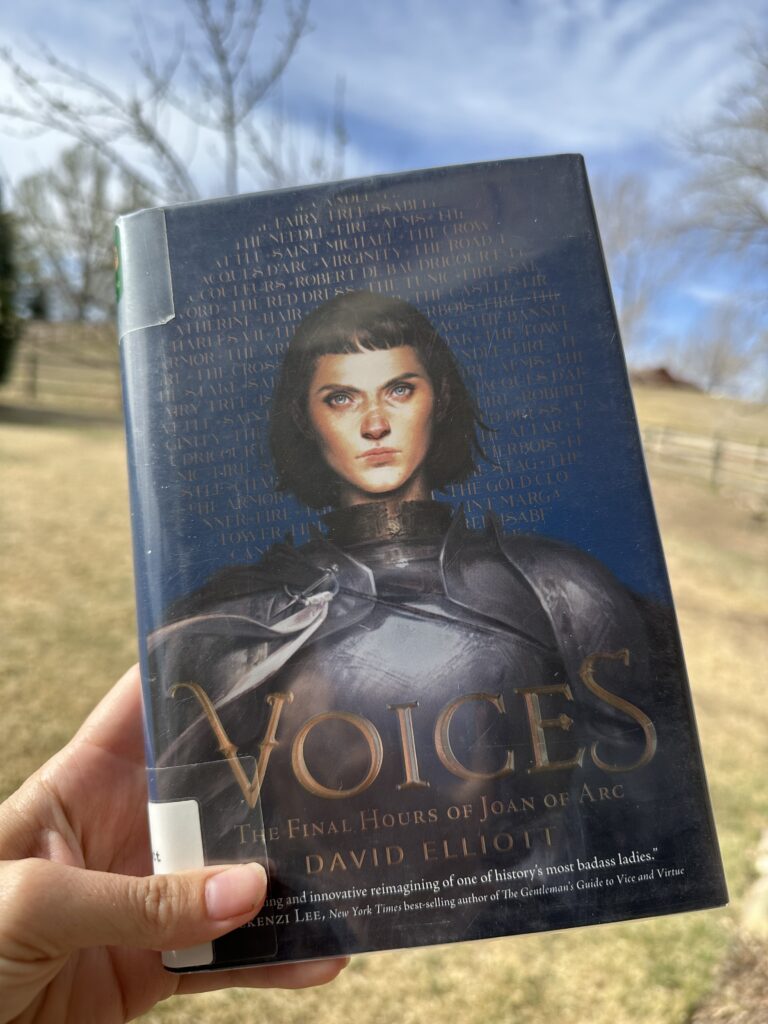 The cover of Voices by David Elliot shows a young girl in armor before a gold halo made up of words
