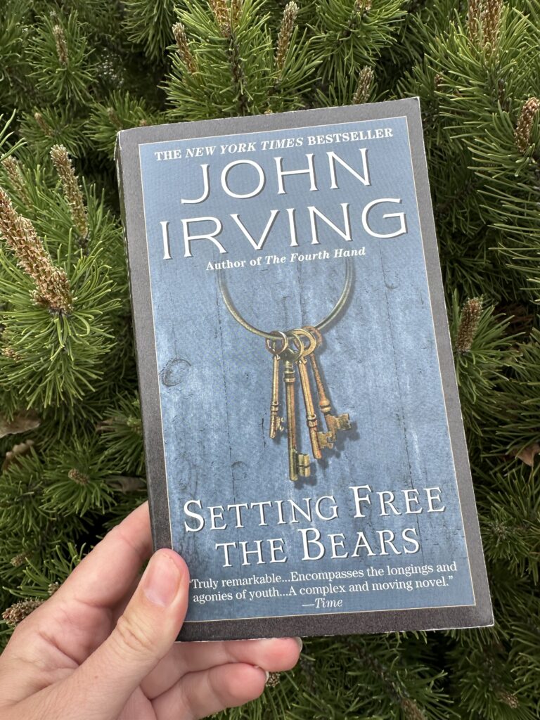 The cover of John Irving's Setting Free the Bears shows a ring of keys on a blue background textured like wood