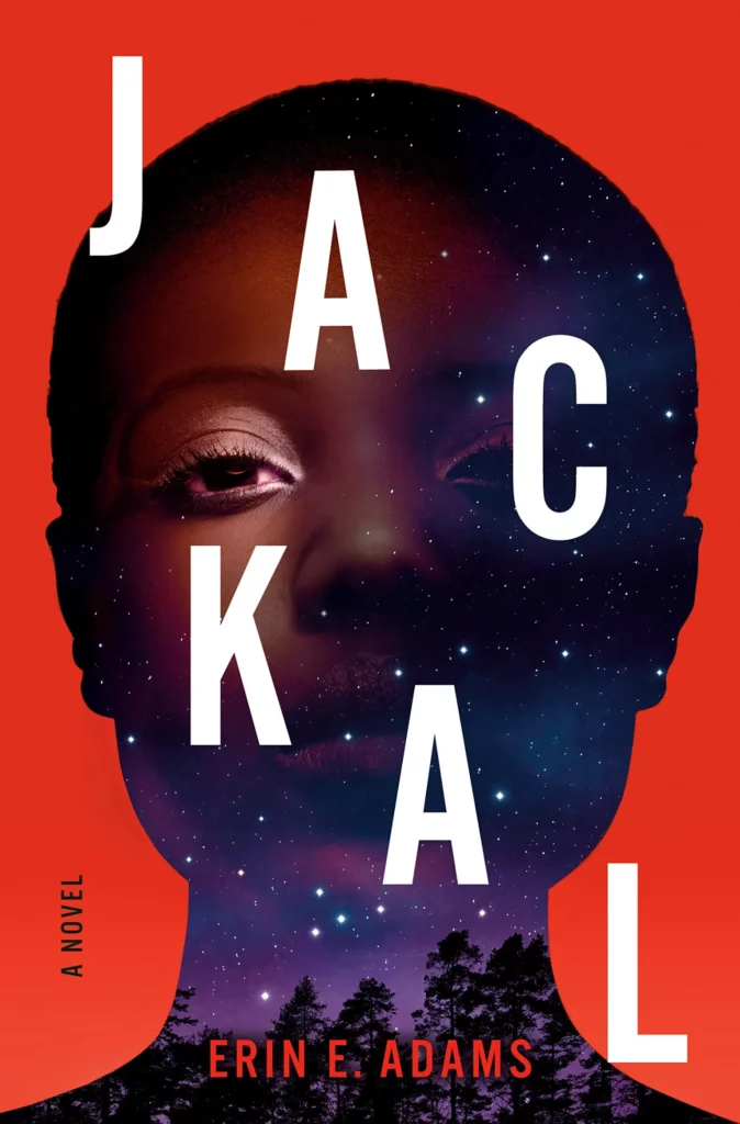 The cover of Jackal by Erin E. Adams shows a silhouette of a woman's head with a star-filled night's sky filling it