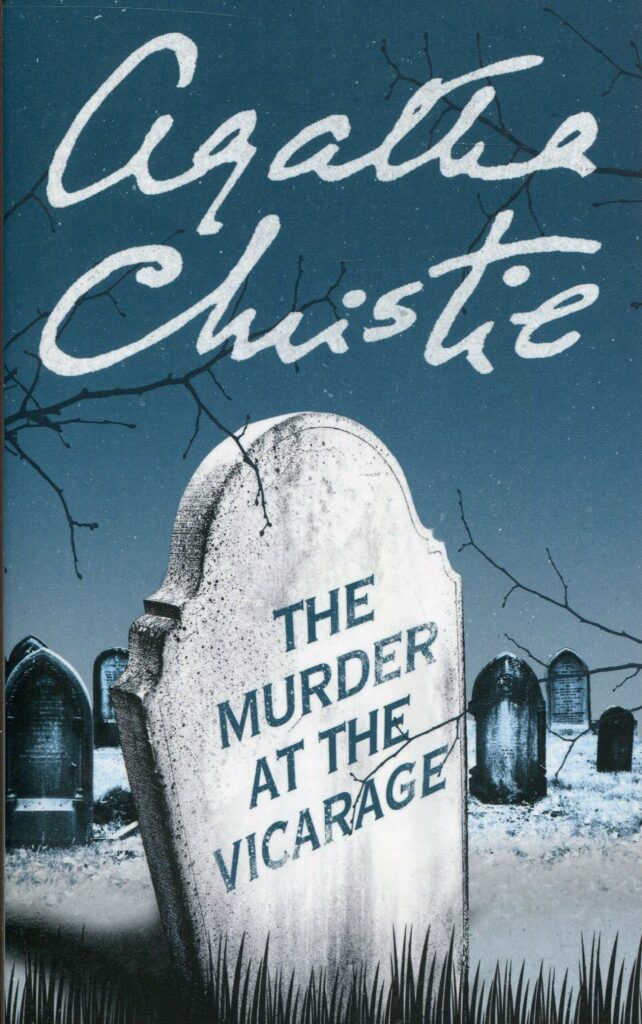 The cover of The Murder at the Vicarage shows a headstone with the title inscribed on it. 