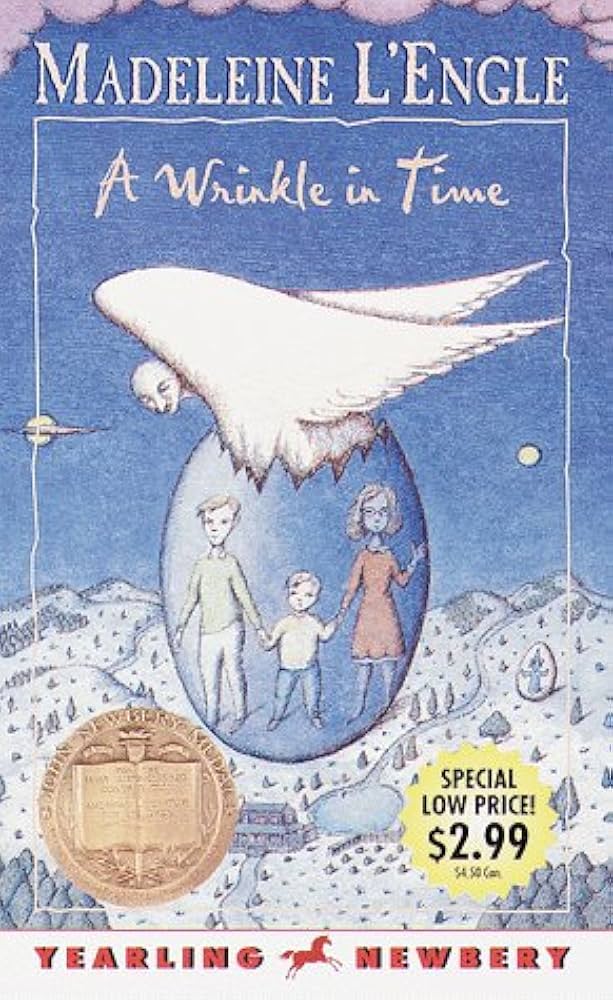 The cover of A Wrinkle in Time shows three children in what looks like a blue egg. Breaking out of the top of the egg is a strange winged creature