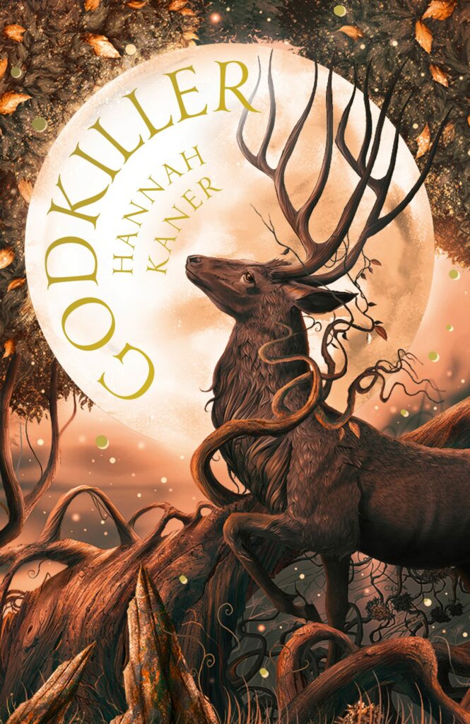The cover of Godkiller shows a stag lifting his antlers before the moon, as a twisted tree trunk grows to pierce the animal in the breast