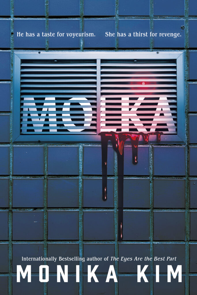 The cover of Molka shows an air vent with the red eye of a hidden camera visible through the vent. Blood leaks from the bottom of the vent.