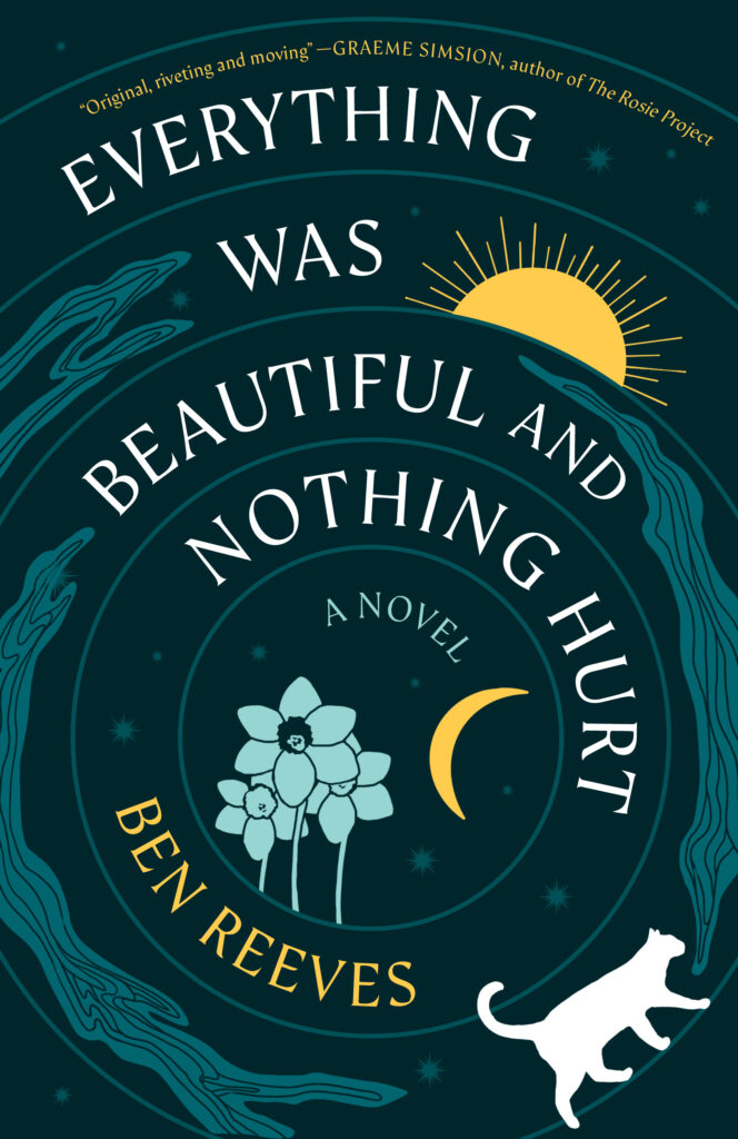 On the cover of Everything Was Beautiful and Nothing Hurt there are what look like ripples in a pond after you drop in a pebble. Some dahlias and a cat and the moon and sun appear in the ripples