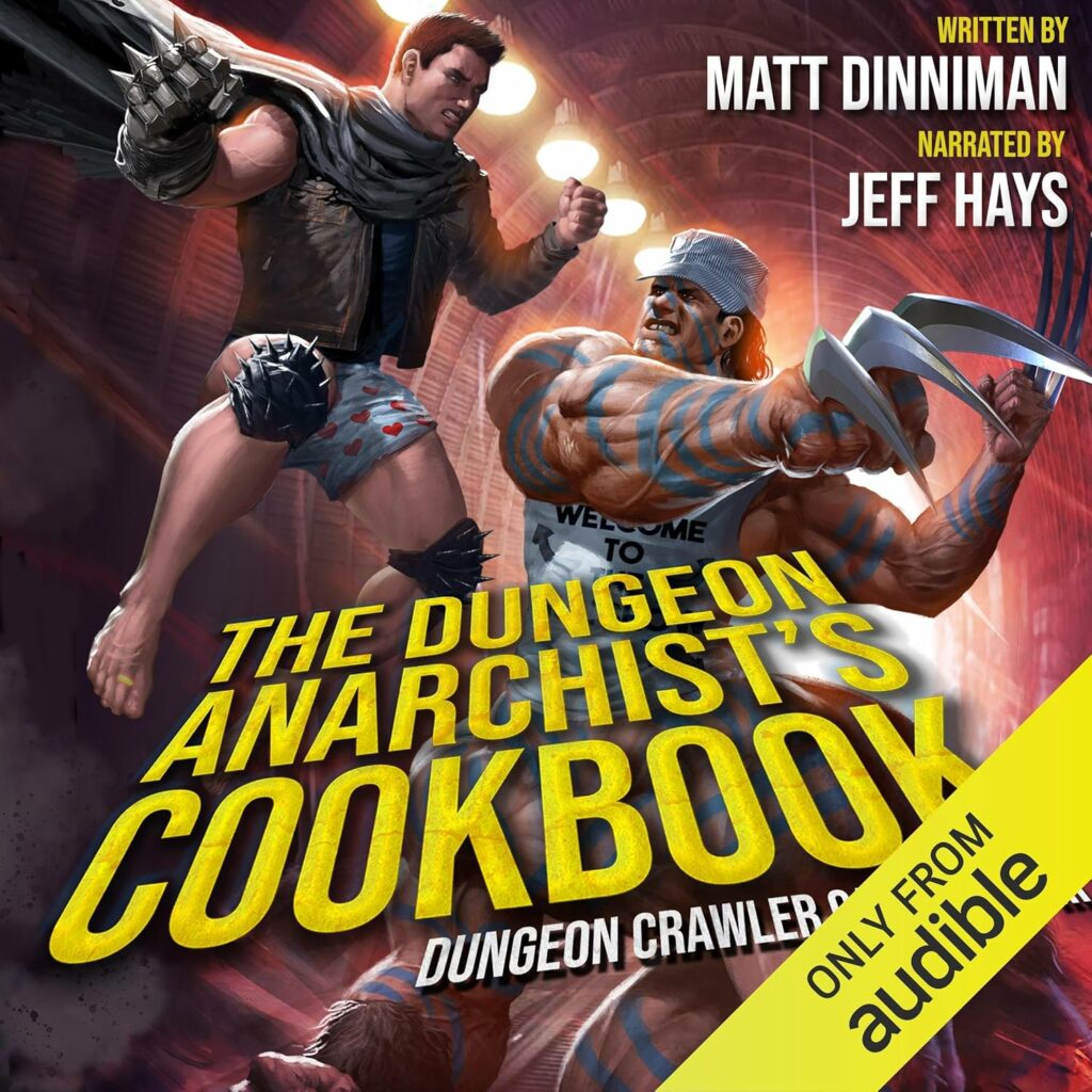 On the cover of the Dungeon Anarchist’s Cookbook, Carl wearing signature boxers, kneepads, cape. leather jacket, and gauntlet, jumps down to punch a Mantaur (a centaur but a man instead of a horse). They appear to be in a train station. 