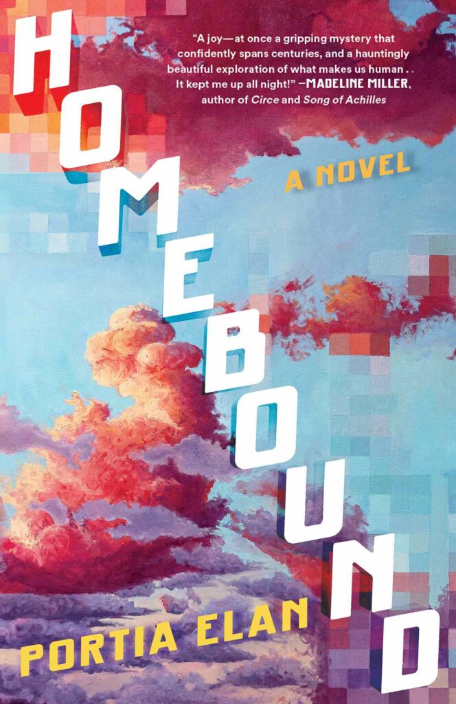 The cover of Homebound shows a pixelated sky during a sunset, the clouds pink, orange, and purple. The text of the title is diagonal across the cover