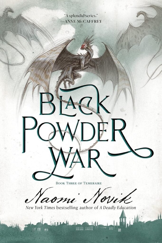 On the cover of Black Powder War, a dragon swoops over the skyline of Istanbul 
